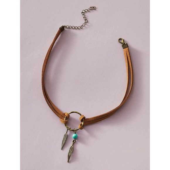 Vegan Leather Turquoise Feather Charm Choker - Picture 2 of 6